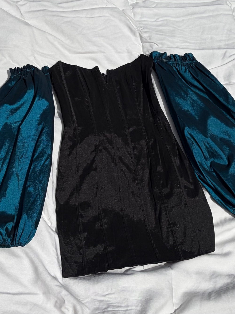 Lovers and Friends Black Corset Dress with Teal Satin Puff Sleeves